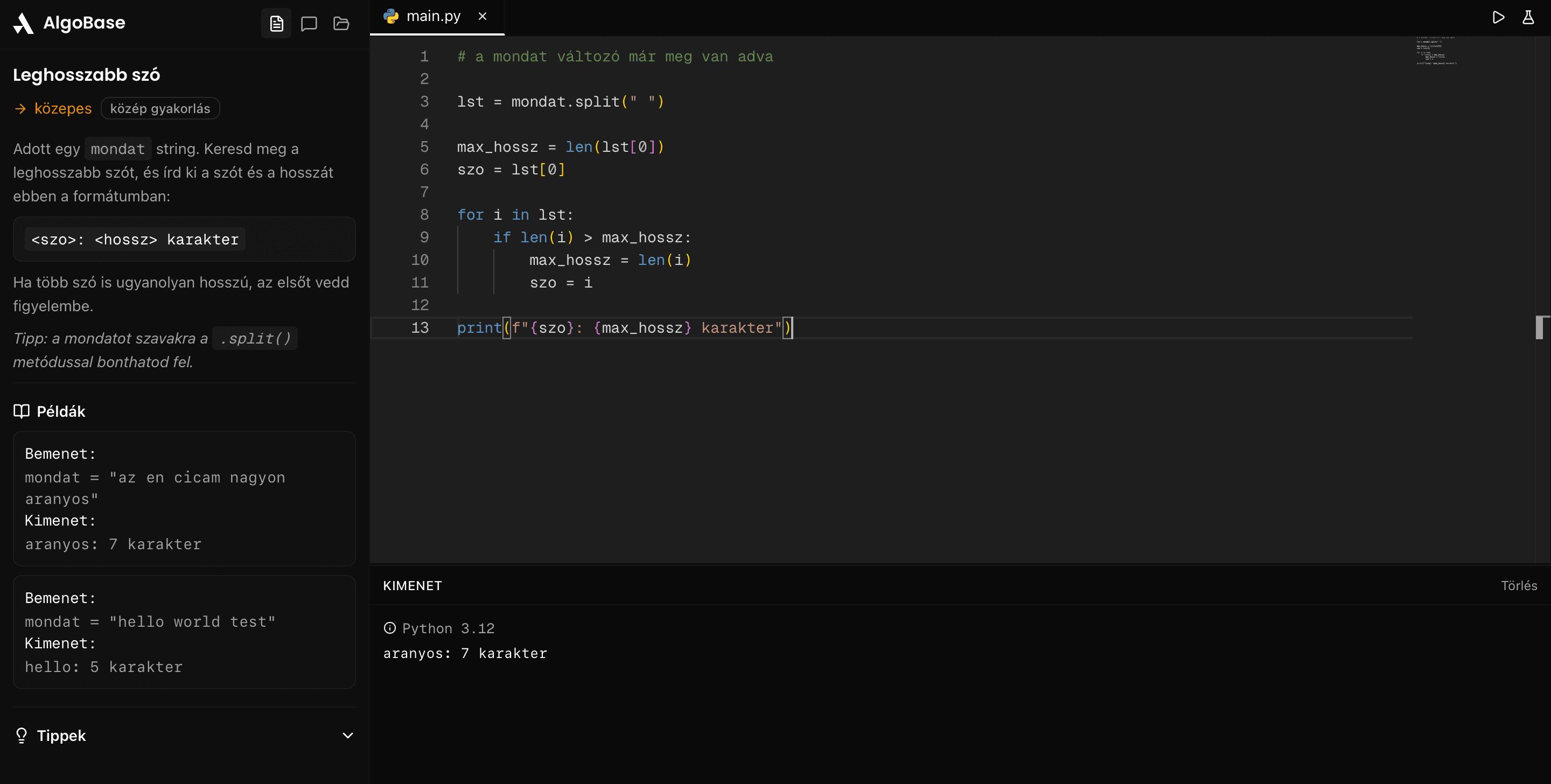 AlgoBase beépített kódszerkesztő